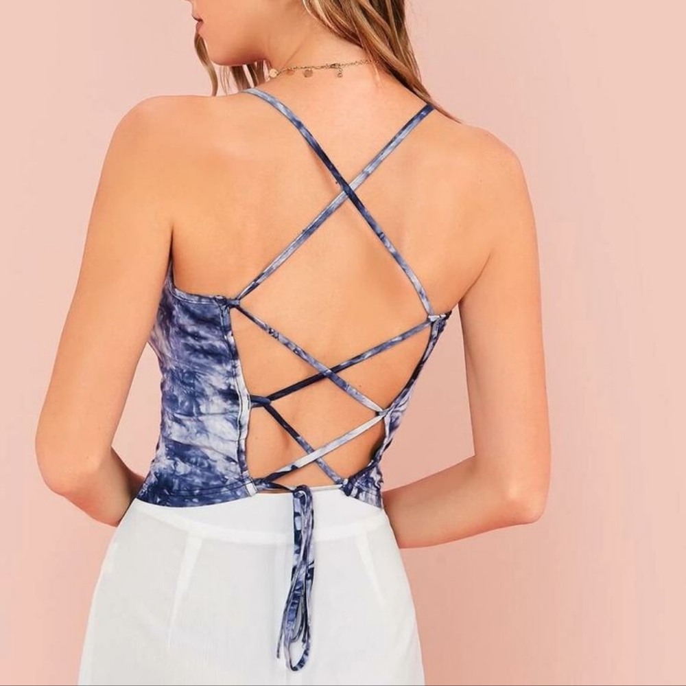 Shein Womens Tie Dye Lace Up Strappy Open Back Rayon Stretchy Crop Top Size L